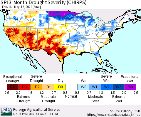 United States SPI 3-Month Drought Severity (CHIRPS) Thematic Map For 2/16/2022 - 5/15/2022
