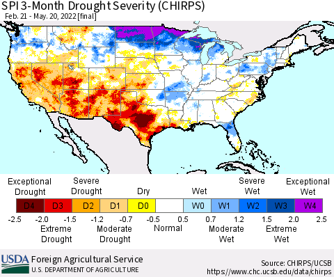 United States SPI 3-Month Drought Severity (CHIRPS) Thematic Map For 2/21/2022 - 5/20/2022
