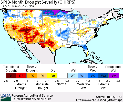 United States SPI 3-Month Drought Severity (CHIRPS) Thematic Map For 2/26/2022 - 5/25/2022