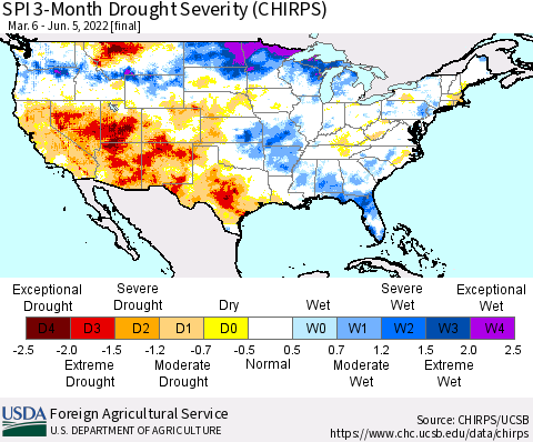United States SPI 3-Month Drought Severity (CHIRPS) Thematic Map For 3/6/2022 - 6/5/2022
