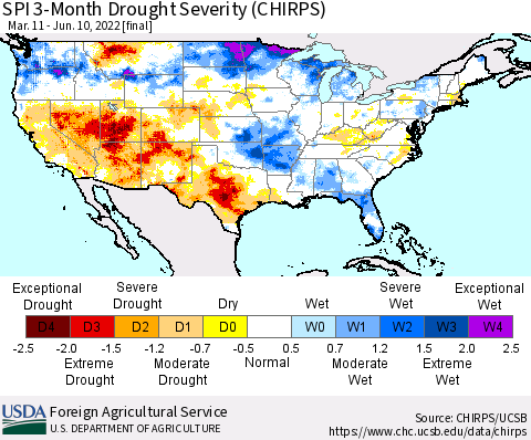 United States SPI 3-Month Drought Severity (CHIRPS) Thematic Map For 3/11/2022 - 6/10/2022