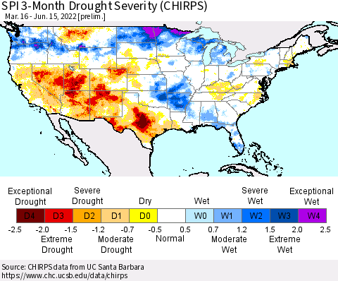 United States SPI 3-Month Drought Severity (CHIRPS) Thematic Map For 3/16/2022 - 6/15/2022