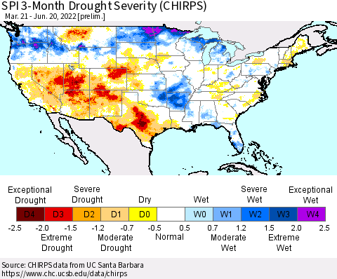 United States SPI 3-Month Drought Severity (CHIRPS) Thematic Map For 3/21/2022 - 6/20/2022