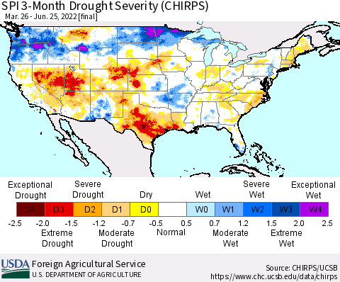 United States SPI 3-Month Drought Severity (CHIRPS) Thematic Map For 3/26/2022 - 6/25/2022