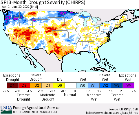 United States SPI 3-Month Drought Severity (CHIRPS) Thematic Map For 4/1/2022 - 6/30/2022