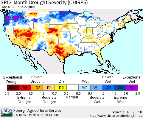 United States SPI 3-Month Drought Severity (CHIRPS) Thematic Map For 4/6/2022 - 7/5/2022