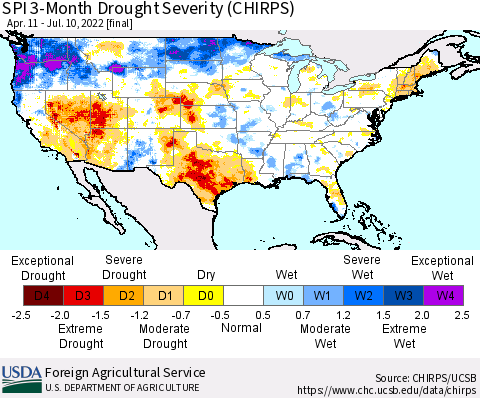 United States SPI 3-Month Drought Severity (CHIRPS) Thematic Map For 4/11/2022 - 7/10/2022