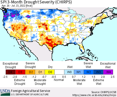 United States SPI 3-Month Drought Severity (CHIRPS) Thematic Map For 4/16/2022 - 7/15/2022