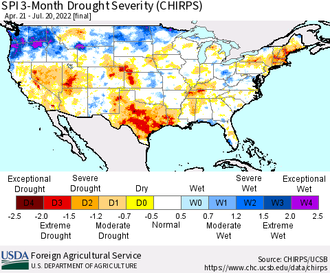 United States SPI 3-Month Drought Severity (CHIRPS) Thematic Map For 4/21/2022 - 7/20/2022
