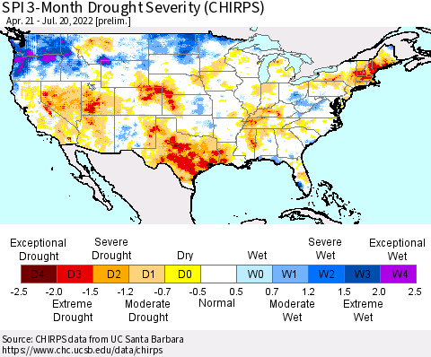 United States SPI 3-Month Drought Severity (CHIRPS) Thematic Map For 4/21/2022 - 7/20/2022