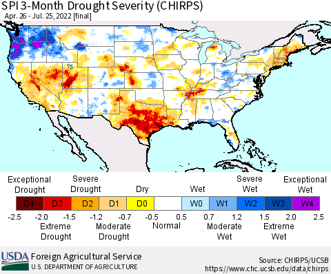 United States SPI 3-Month Drought Severity (CHIRPS) Thematic Map For 4/26/2022 - 7/25/2022