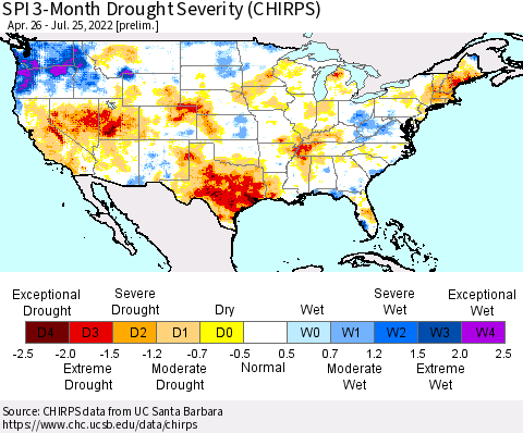 United States SPI 3-Month Drought Severity (CHIRPS) Thematic Map For 4/26/2022 - 7/25/2022