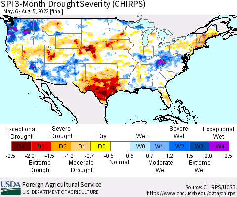 United States SPI 3-Month Drought Severity (CHIRPS) Thematic Map For 5/6/2022 - 8/5/2022