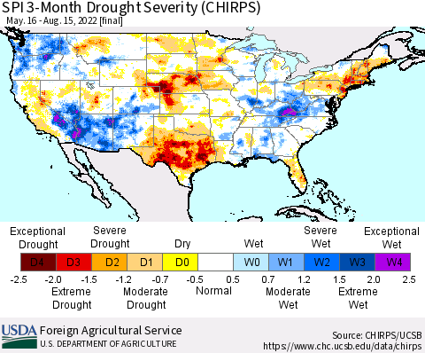 United States SPI 3-Month Drought Severity (CHIRPS) Thematic Map For 5/16/2022 - 8/15/2022