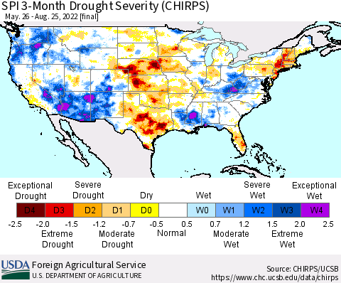 United States SPI 3-Month Drought Severity (CHIRPS) Thematic Map For 5/26/2022 - 8/25/2022