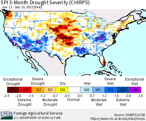United States SPI 3-Month Drought Severity (CHIRPS) Thematic Map For 6/11/2022 - 9/10/2022