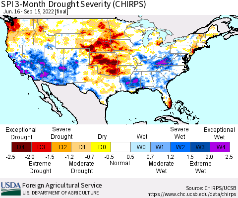 United States SPI 3-Month Drought Severity (CHIRPS) Thematic Map For 6/16/2022 - 9/15/2022