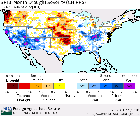 United States SPI 3-Month Drought Severity (CHIRPS) Thematic Map For 6/21/2022 - 9/20/2022