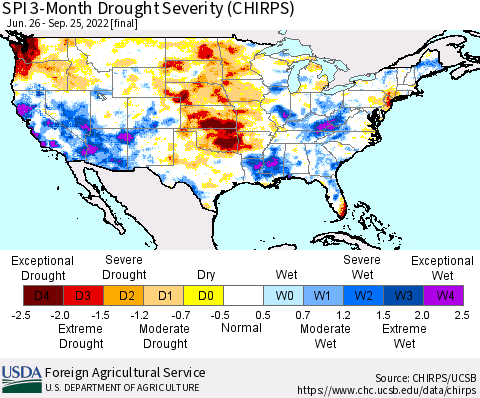 United States SPI 3-Month Drought Severity (CHIRPS) Thematic Map For 6/26/2022 - 9/25/2022