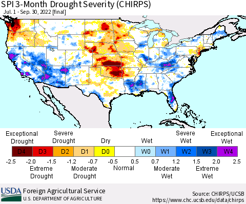 United States SPI 3-Month Drought Severity (CHIRPS) Thematic Map For 7/1/2022 - 9/30/2022