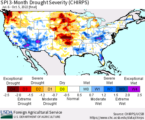 United States SPI 3-Month Drought Severity (CHIRPS) Thematic Map For 7/6/2022 - 10/5/2022