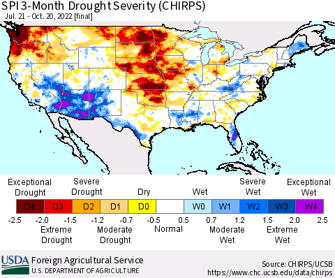 United States SPI 3-Month Drought Severity (CHIRPS) Thematic Map For 7/21/2022 - 10/20/2022
