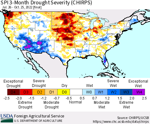 United States SPI 3-Month Drought Severity (CHIRPS) Thematic Map For 7/26/2022 - 10/25/2022