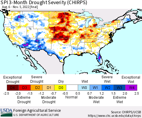 United States SPI 3-Month Drought Severity (CHIRPS) Thematic Map For 8/6/2022 - 11/5/2022