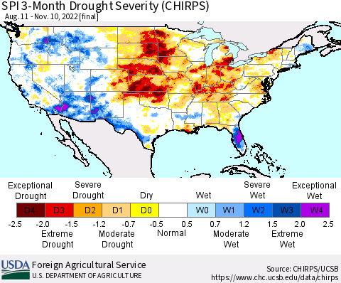 United States SPI 3-Month Drought Severity (CHIRPS) Thematic Map For 8/11/2022 - 11/10/2022