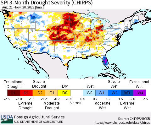 United States SPI 3-Month Drought Severity (CHIRPS) Thematic Map For 8/21/2022 - 11/20/2022