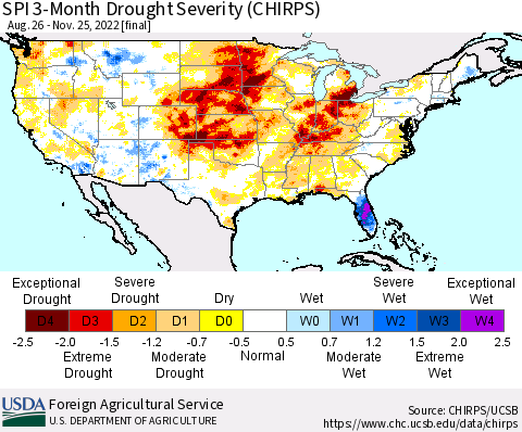United States SPI 3-Month Drought Severity (CHIRPS) Thematic Map For 8/26/2022 - 11/25/2022