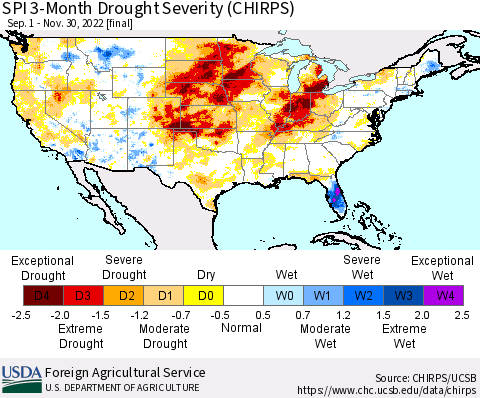 United States SPI 3-Month Drought Severity (CHIRPS) Thematic Map For 9/1/2022 - 11/30/2022