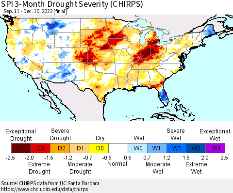 United States SPI 3-Month Drought Severity (CHIRPS) Thematic Map For 9/11/2022 - 12/10/2022