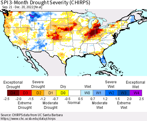 United States SPI 3-Month Drought Severity (CHIRPS) Thematic Map For 9/21/2022 - 12/20/2022