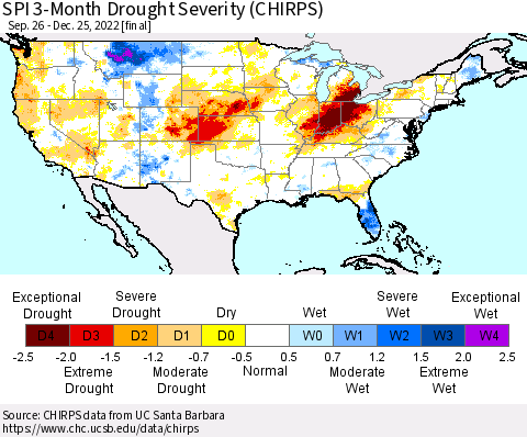 United States SPI 3-Month Drought Severity (CHIRPS) Thematic Map For 9/26/2022 - 12/25/2022