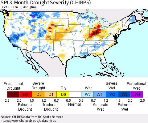 United States SPI 3-Month Drought Severity (CHIRPS) Thematic Map For 10/6/2022 - 1/5/2023