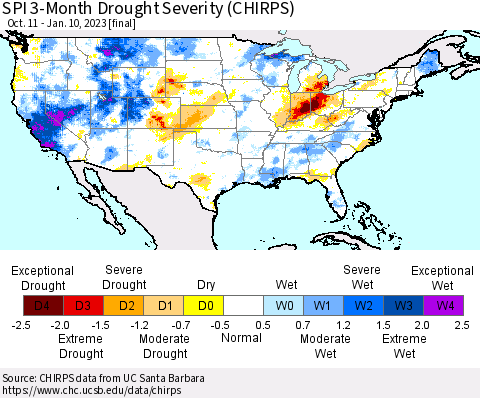 United States SPI 3-Month Drought Severity (CHIRPS) Thematic Map For 10/11/2022 - 1/10/2023