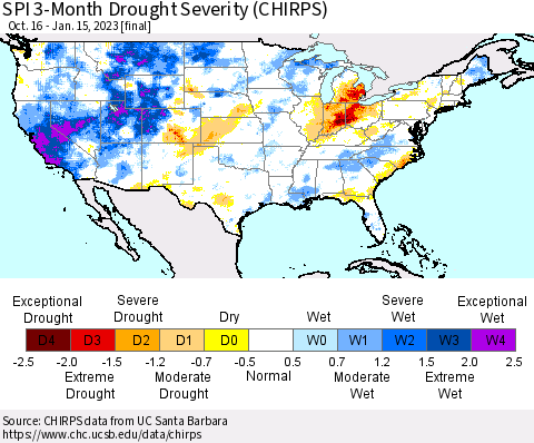 United States SPI 3-Month Drought Severity (CHIRPS) Thematic Map For 10/16/2022 - 1/15/2023