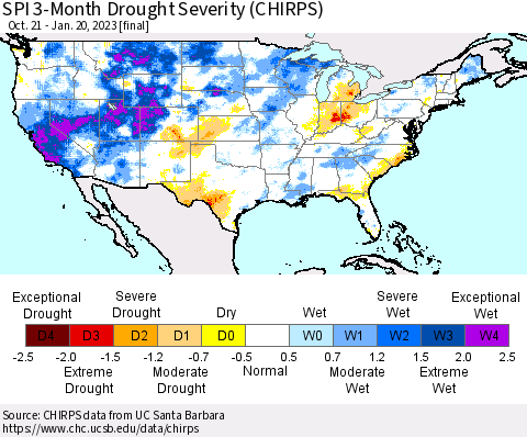 United States SPI 3-Month Drought Severity (CHIRPS) Thematic Map For 10/21/2022 - 1/20/2023