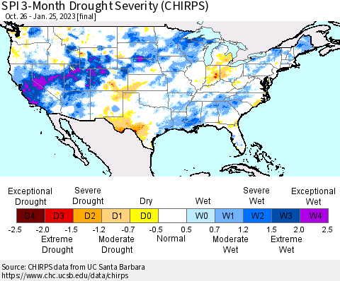 United States SPI 3-Month Drought Severity (CHIRPS) Thematic Map For 10/26/2022 - 1/25/2023