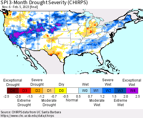 United States SPI 3-Month Drought Severity (CHIRPS) Thematic Map For 11/6/2022 - 2/5/2023