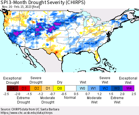 United States SPI 3-Month Drought Severity (CHIRPS) Thematic Map For 11/16/2022 - 2/15/2023
