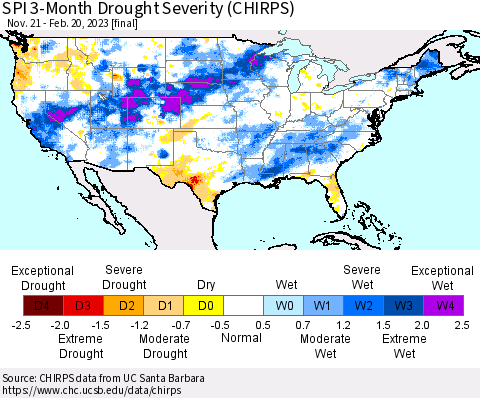 United States SPI 3-Month Drought Severity (CHIRPS) Thematic Map For 11/21/2022 - 2/20/2023