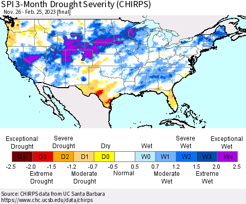 United States SPI 3-Month Drought Severity (CHIRPS) Thematic Map For 11/26/2022 - 2/25/2023