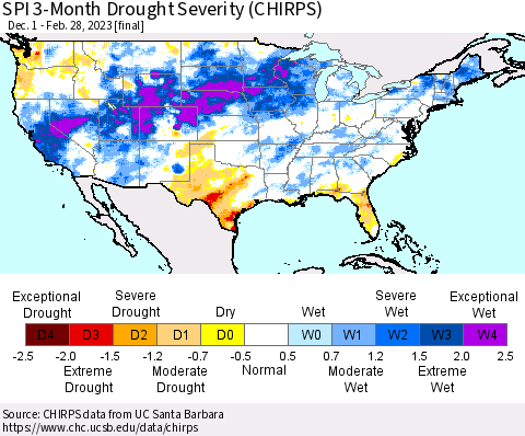 United States SPI 3-Month Drought Severity (CHIRPS) Thematic Map For 12/1/2022 - 2/28/2023