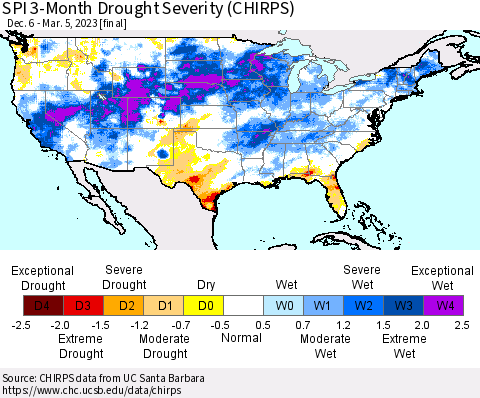 United States SPI 3-Month Drought Severity (CHIRPS) Thematic Map For 12/6/2022 - 3/5/2023
