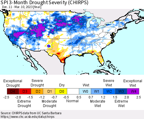 United States SPI 3-Month Drought Severity (CHIRPS) Thematic Map For 12/11/2022 - 3/10/2023