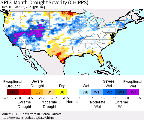United States SPI 3-Month Drought Severity (CHIRPS) Thematic Map For 12/16/2022 - 3/15/2023