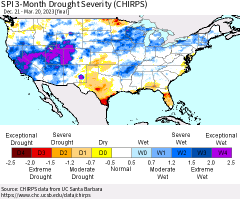 United States SPI 3-Month Drought Severity (CHIRPS) Thematic Map For 12/21/2022 - 3/20/2023