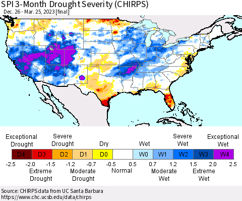 United States SPI 3-Month Drought Severity (CHIRPS) Thematic Map For 12/26/2022 - 3/25/2023